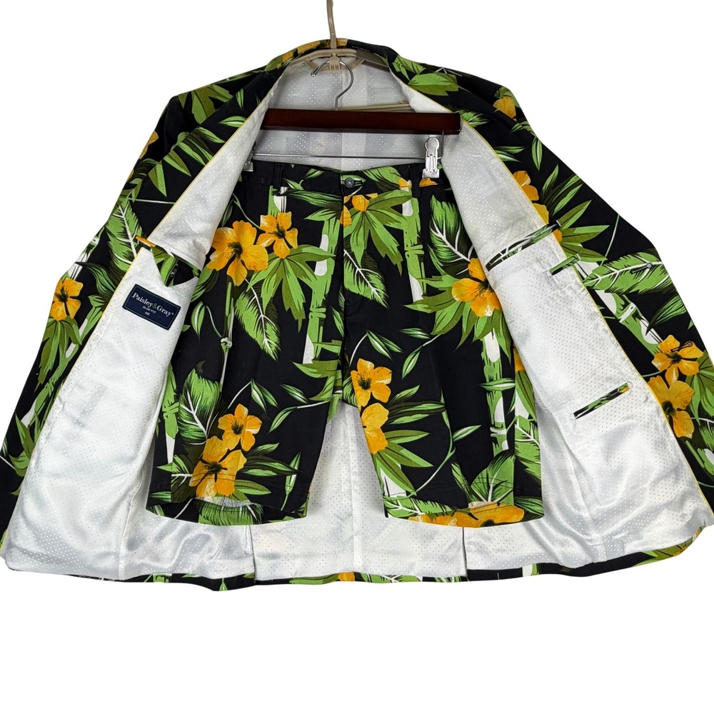 Paisley & Gray Suit Men 44R W34 Black Tropical Floral Linen Blazer Shorts